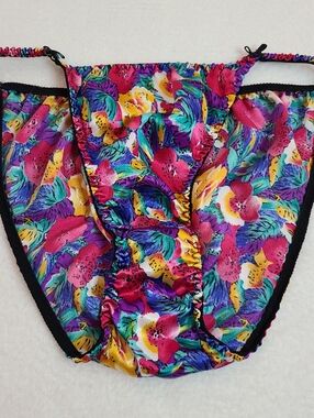 Vintage Silky Satin Vivid Colorful Floral Print String Bikini Panty Size Lg